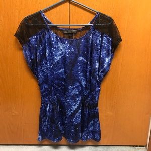 Blue Sequin Print Top Cinched at Waist Size Large